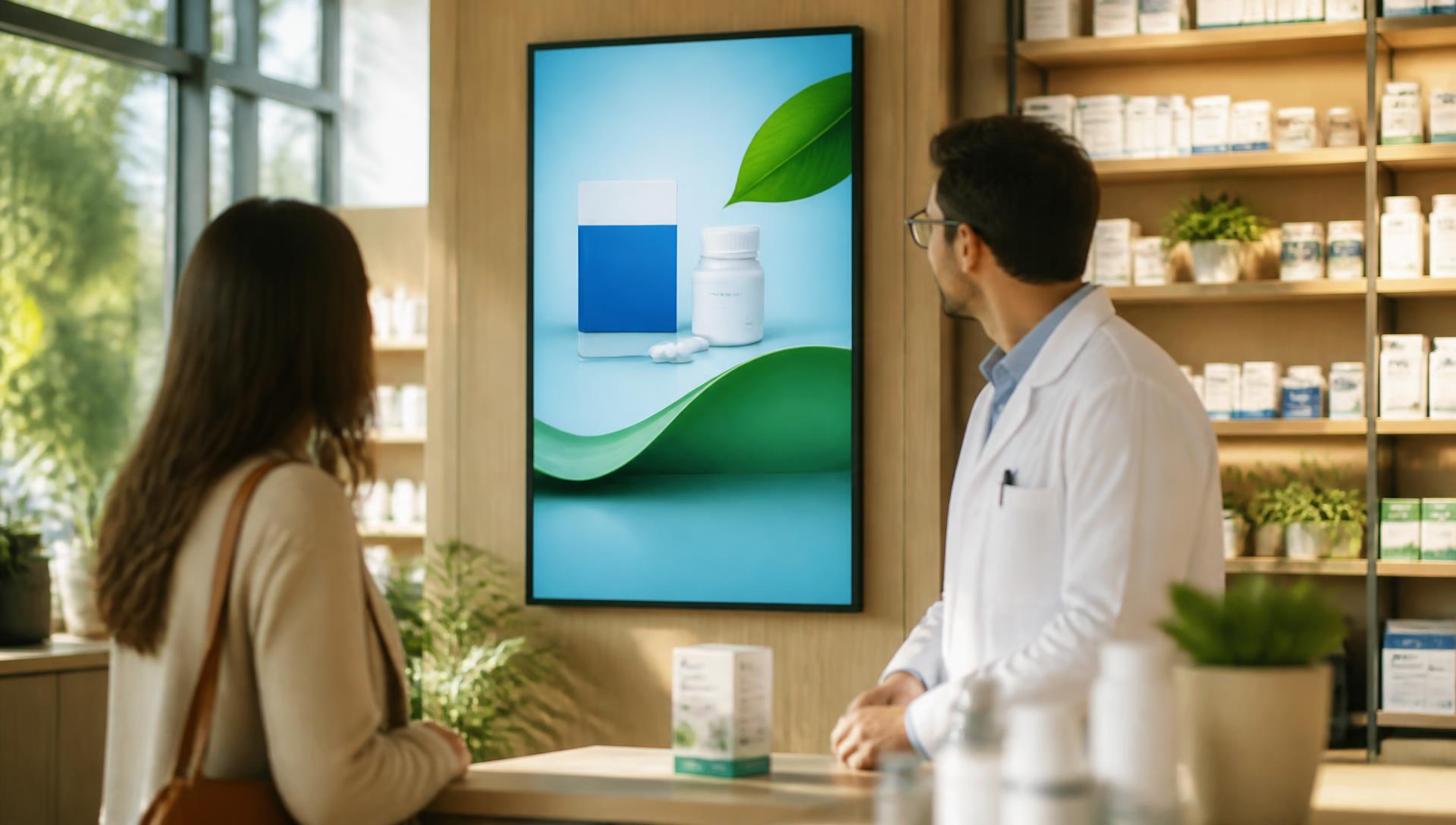 A pharmacist and customer looking at a digital screen showing an over-the-counter medication advert in a sunlit pharmacy
