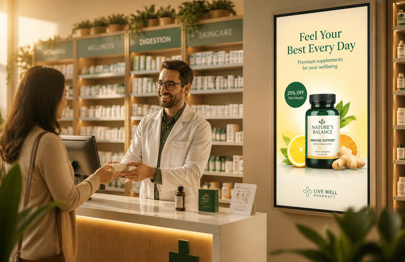 A pharmacist serving a customer beside a bright digital advertising screen in a warm pharmacy