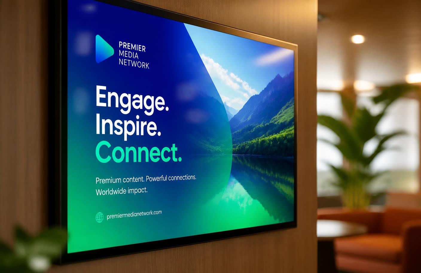 Close-up of a Medisplay digital display showing a colourful brand advert in a warm waiting area